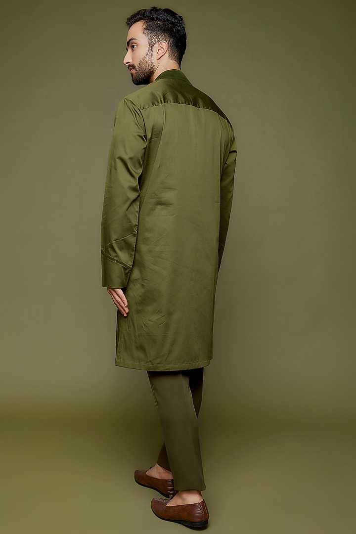 Olive Green Silk & Chanderi Kurta Set by Amit Aggarwal Men at Pernia's Pop Up Shop