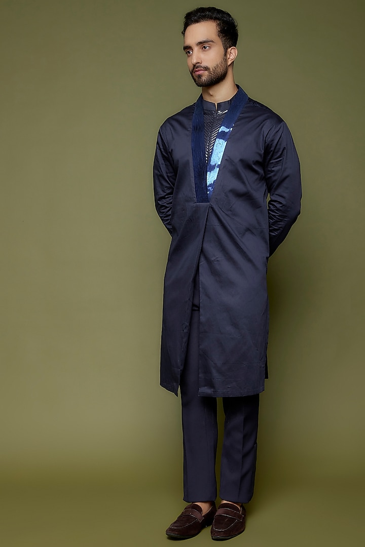 Midnight Blue Metallic Polymer Kurta Set by Amit Aggarwal Men