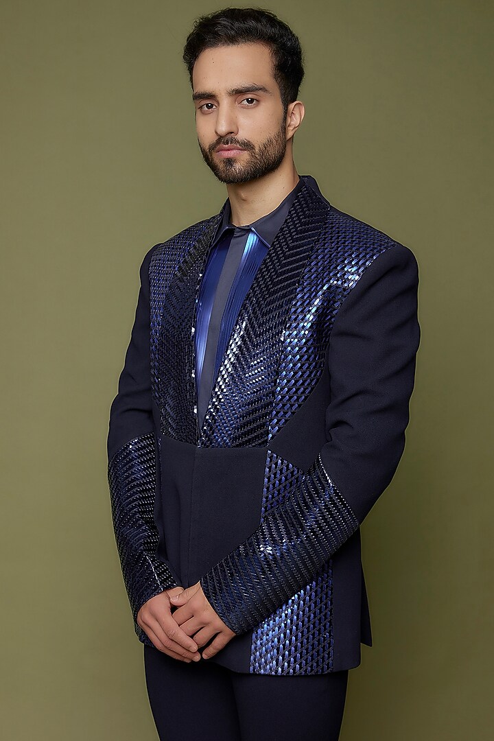 Navy Blue & Black Metallic Polymer Handwoven Tuxedo Set by Amit Aggarwal Men at Pernia's Pop Up Shop