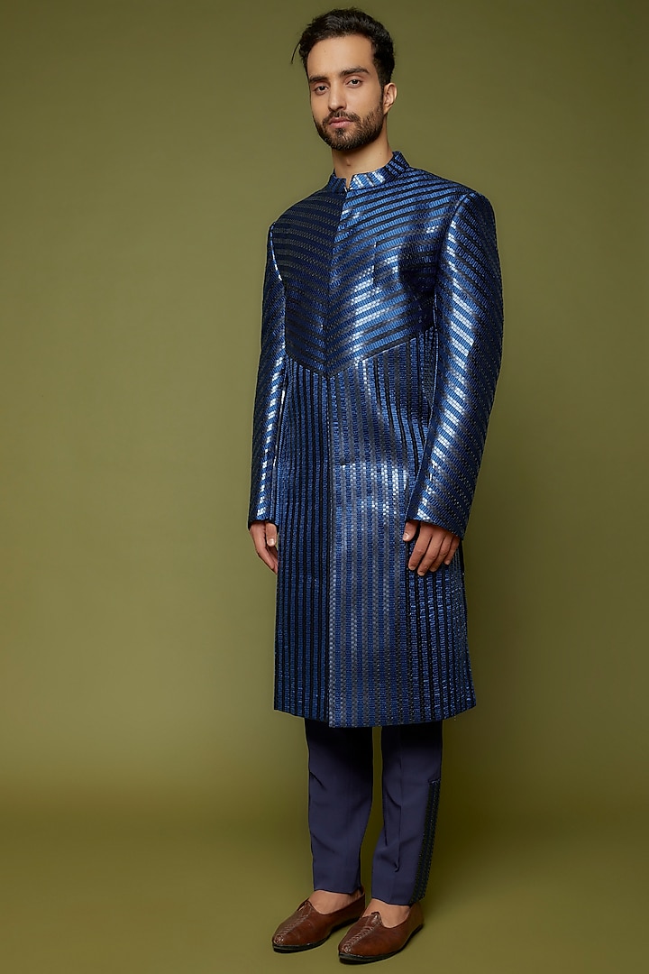 Cobalt Blue Metallic Handwoven Sherwani Set by Amit Aggarwal Men
