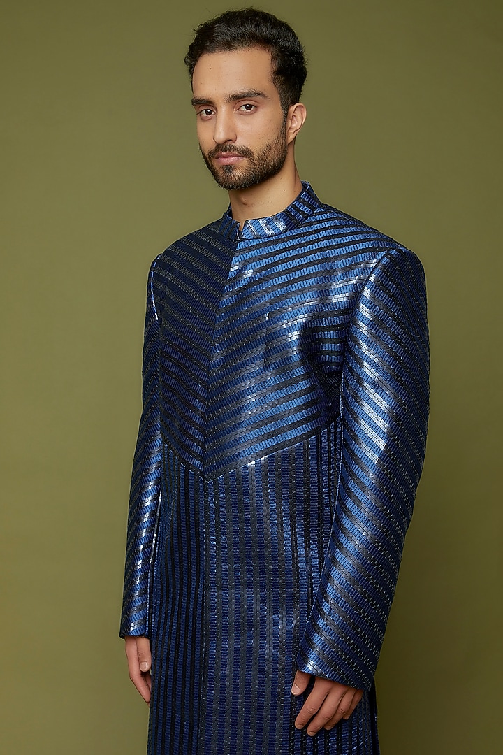 Cobalt Blue Metallic Handwoven Groom Sherwani Set by Amit Aggarwal Men at Pernia's Pop Up Shop