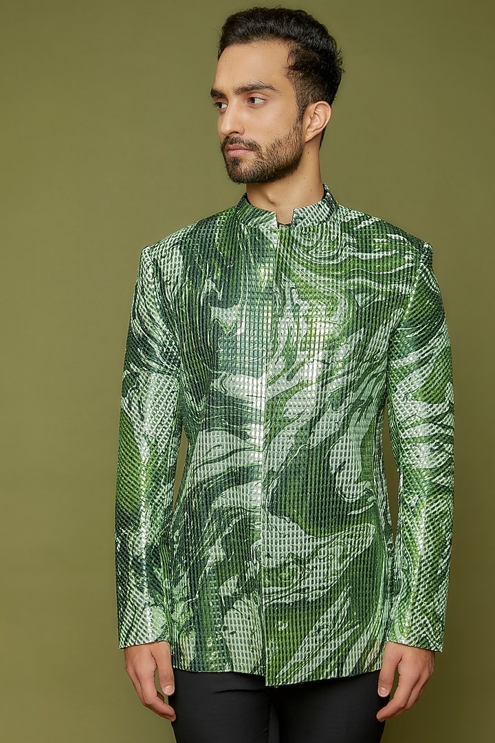 Sage Green Mesh Handwoven Groom Bandhgala Set by Amit Aggarwal Men at Pernia's Pop Up Shop