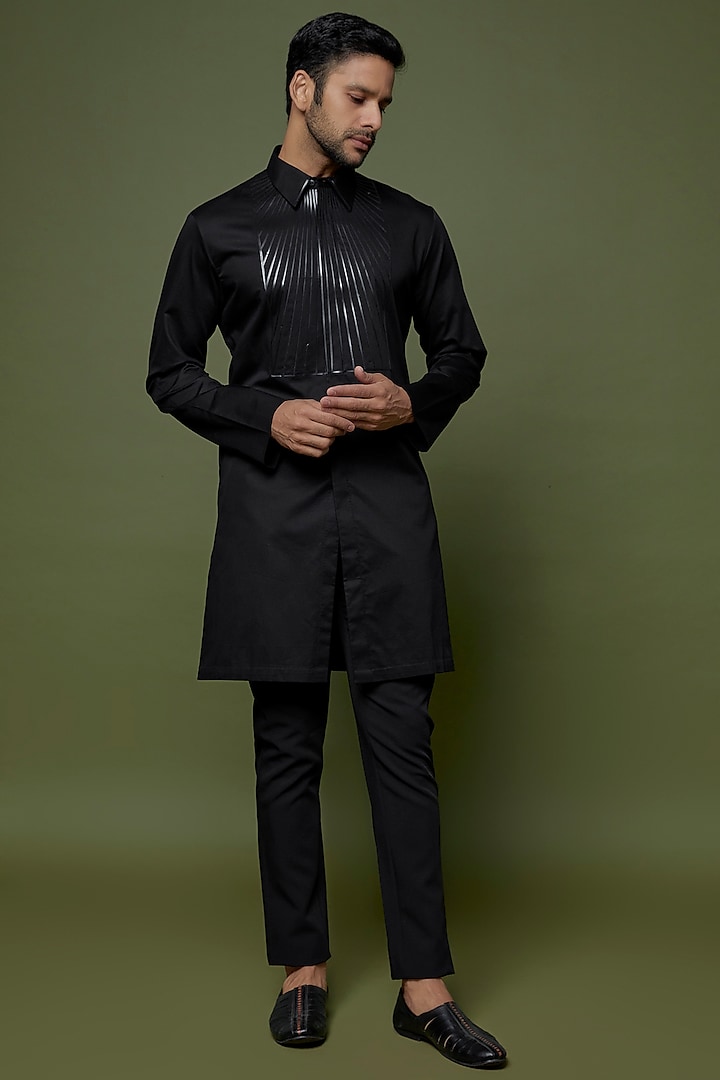 Black Cotton Satin & Metallic Polymer Pant Set by Amit Aggarwal Men