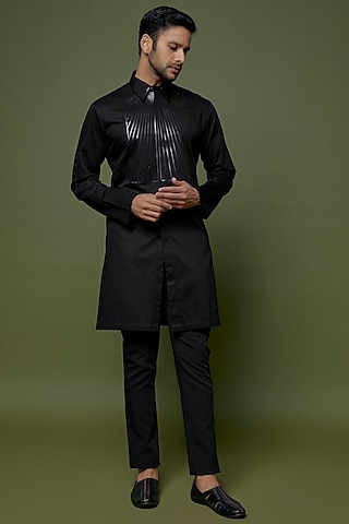 Black Cotton Satin & Metallic Polymer Pant Set by Amit Aggarwal Men