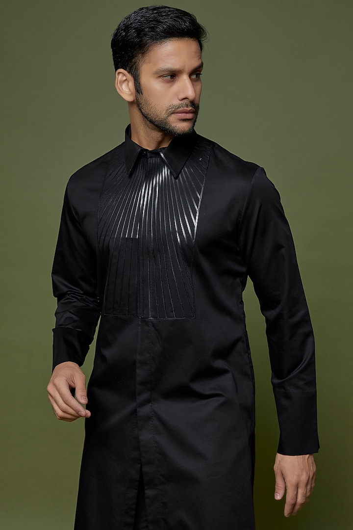 Black Cotton Satin & Metallic Polymer Pant Set by Amit Aggarwal Men at Pernia's Pop Up Shop