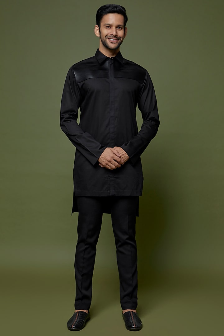 Black Cotton Satin & Metallic Polymer Pant Set by Amit Aggarwal Men