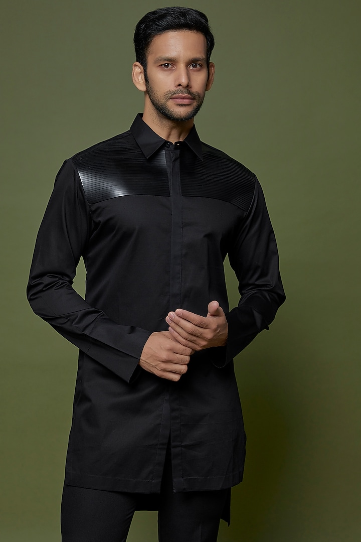 Black Cotton Satin & Metallic Polymer Pant Set by Amit Aggarwal Men at Pernia's Pop Up Shop