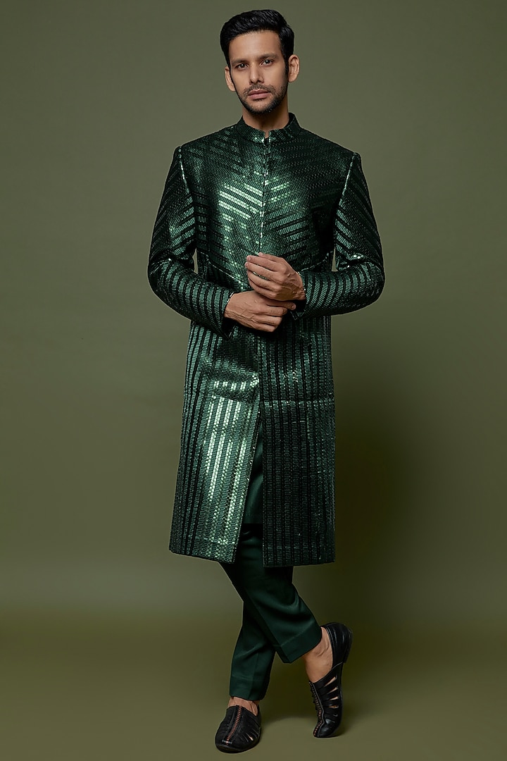Emerald Metallic Handwoven Sherwani Set by Amit Aggarwal Men