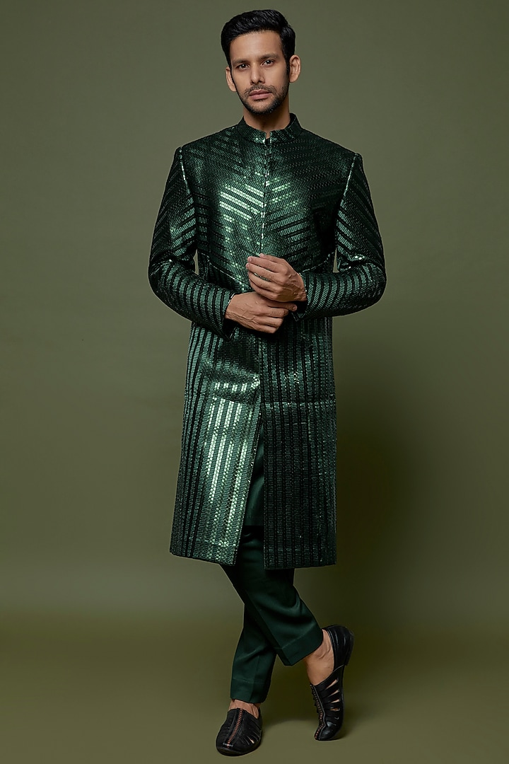 Emerald Metallic Handwoven Groom Sherwani Set by Amit Aggarwal Men at Pernia's Pop Up Shop
