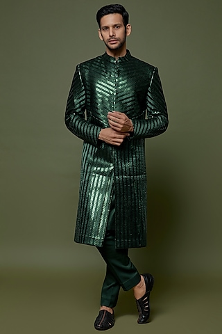 Emerald Metallic Handwoven Sherwani Set by Amit Aggarwal Men