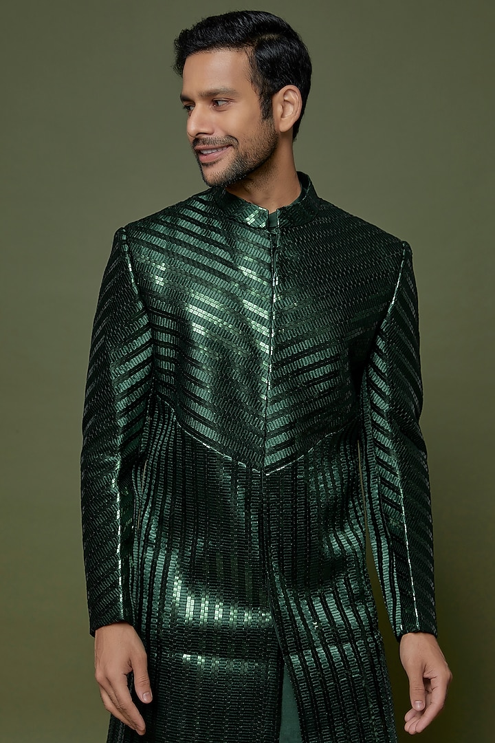 Emerald Metallic Handwoven Groom Sherwani Set by Amit Aggarwal Men at Pernia's Pop Up Shop