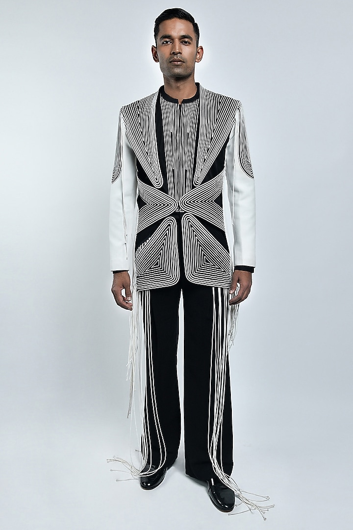 Black & Ivory Stretch Crepe Structured Cut-Out Jacket Set by Amit Aggarwal Men