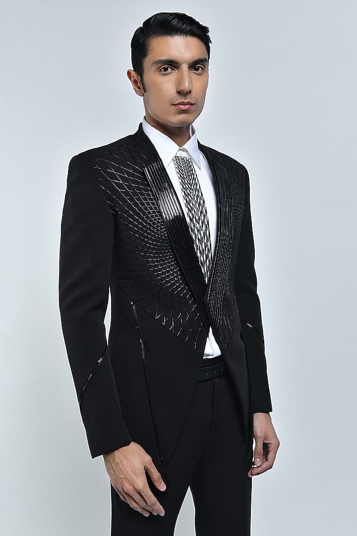 Black Stretch Crepe Monochrome Embroidered Structured Jacket Set by Amit Aggarwal Men at Pernia's Pop Up Shop