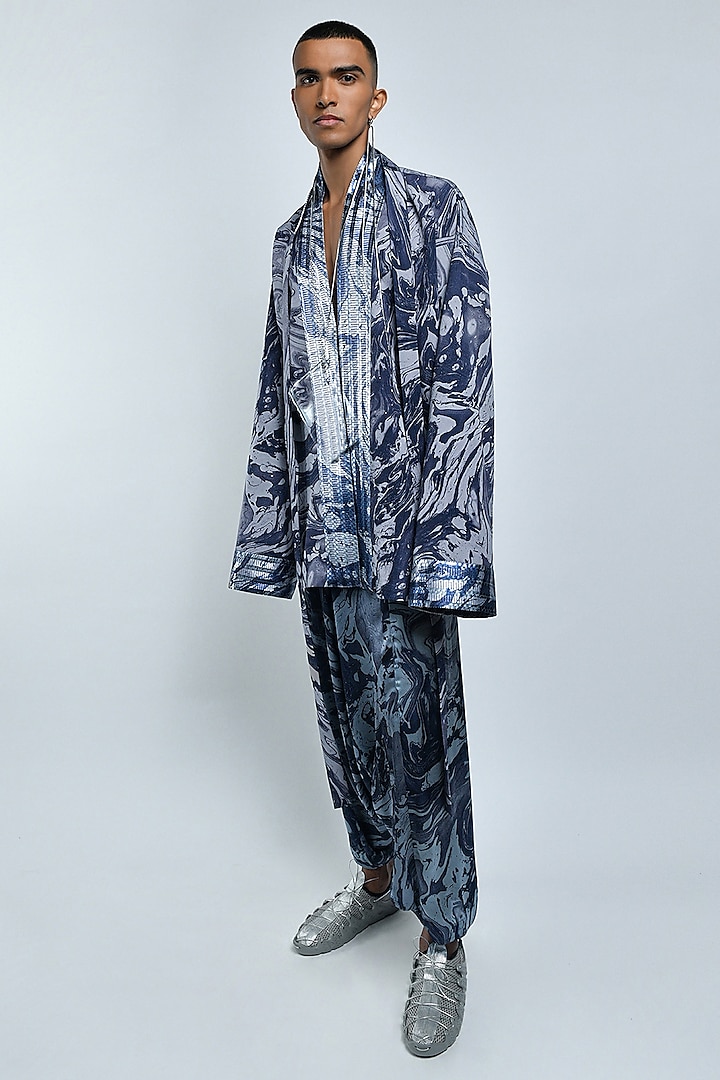 Grey Marble Stretch Crepe Kimono Jacket Set by Amit Aggarwal Men