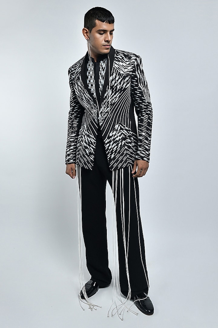 Black Stretch Crepe Metallic Embroidered Structured Polymer Jacket Set by Amit Aggarwal Men