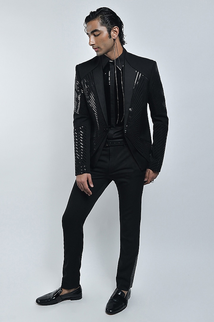 Black Stretch Crepe Striped Color-Blocked Structured Metallic Jacket Set by Amit Aggarwal Men