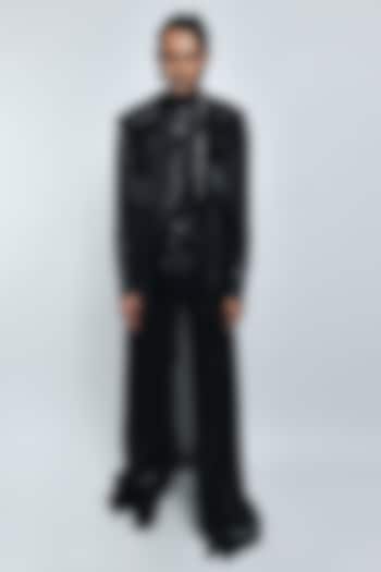 Black Polymer Mesh Handwoven Oversized Trench Coat Set by Amit Aggarwal Men