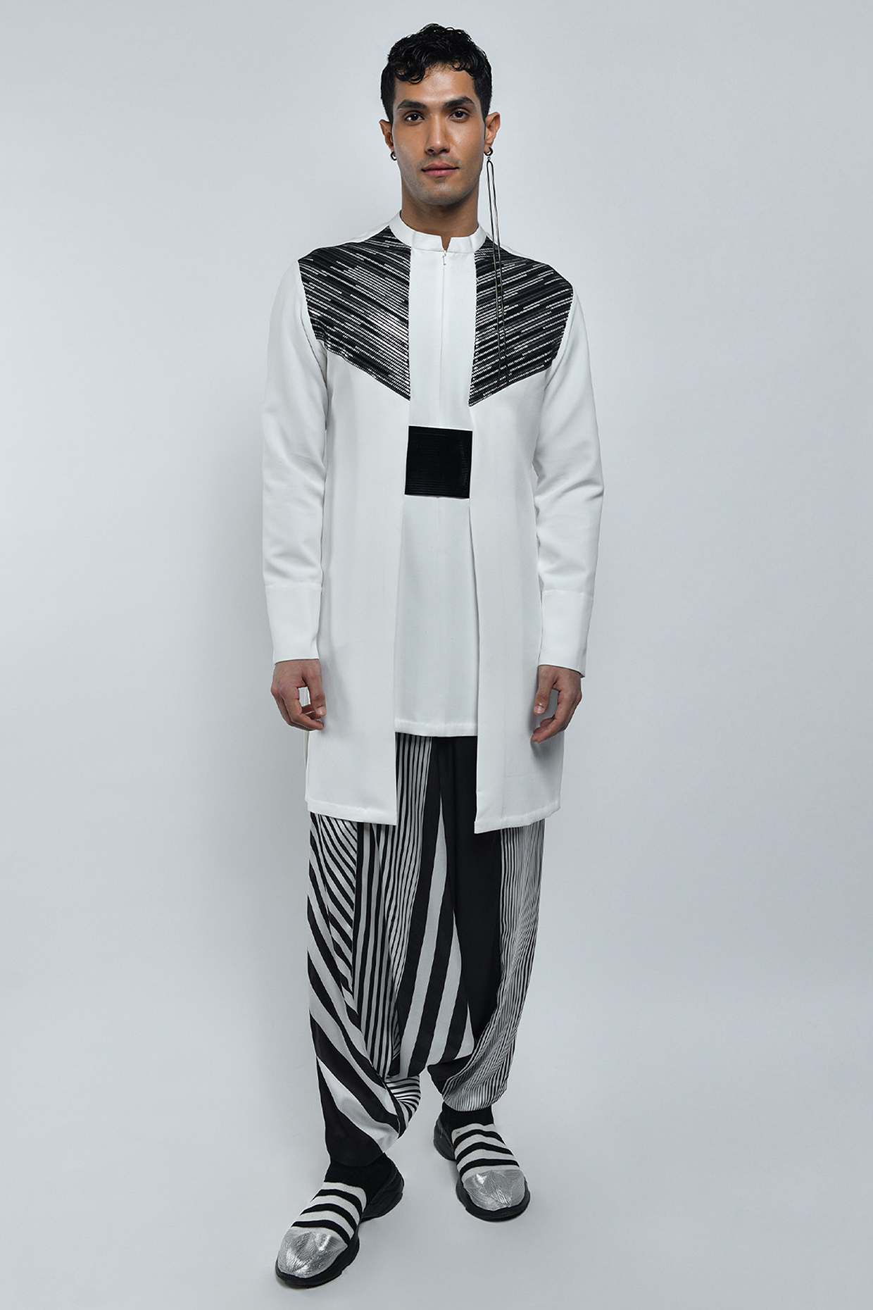 Ivory & Black Metallic Polymer Handwoven Kurta Set by Amit Aggarwal Men