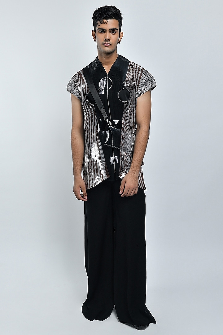Black Polymer Structured Hand-Moulded Shacket Set by Amit Aggarwal Men