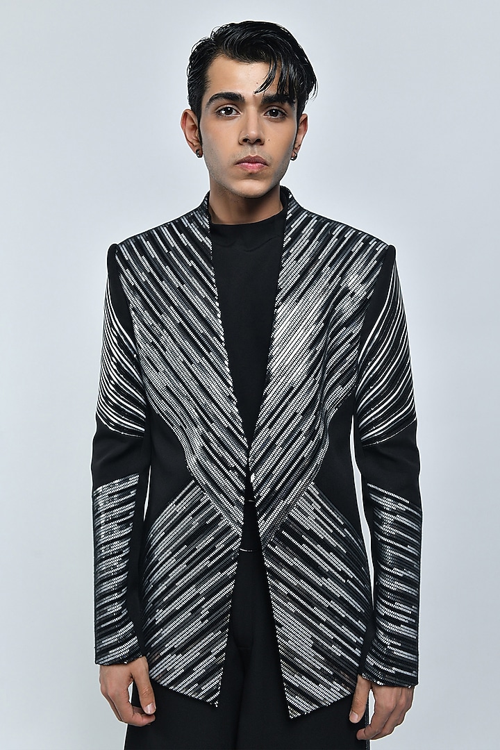 Black & Silver Metallic Polymer Structured Handwoven Jacket Set by Amit Aggarwal Men at Pernia's Pop Up Shop