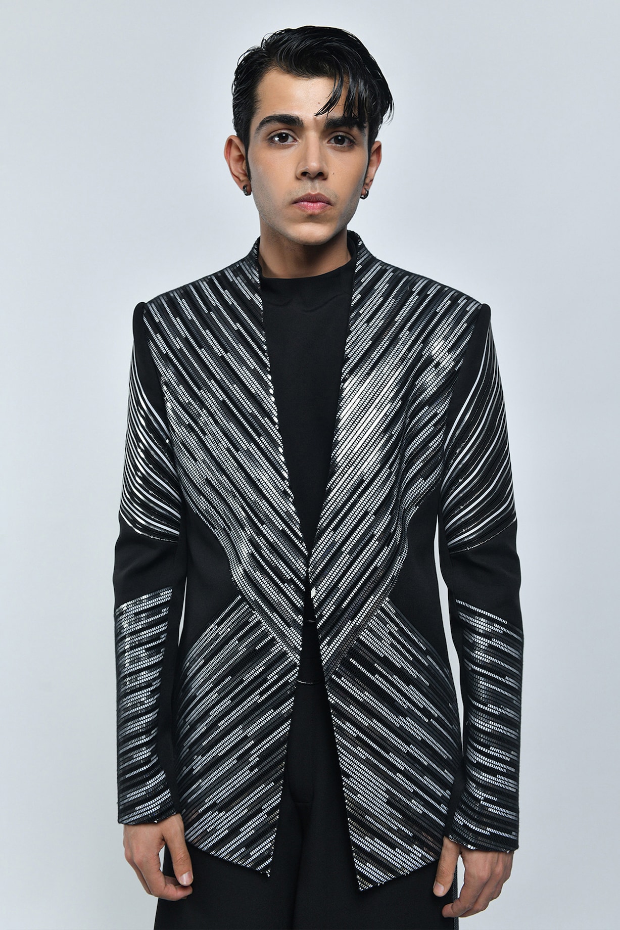 Black Silver Metallic Polymer Structured Handwoven Jacket Set by