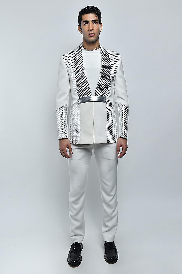 Ivory Metallic Polymer Structured Handwoven Jacket Set by Amit Aggarwal Men