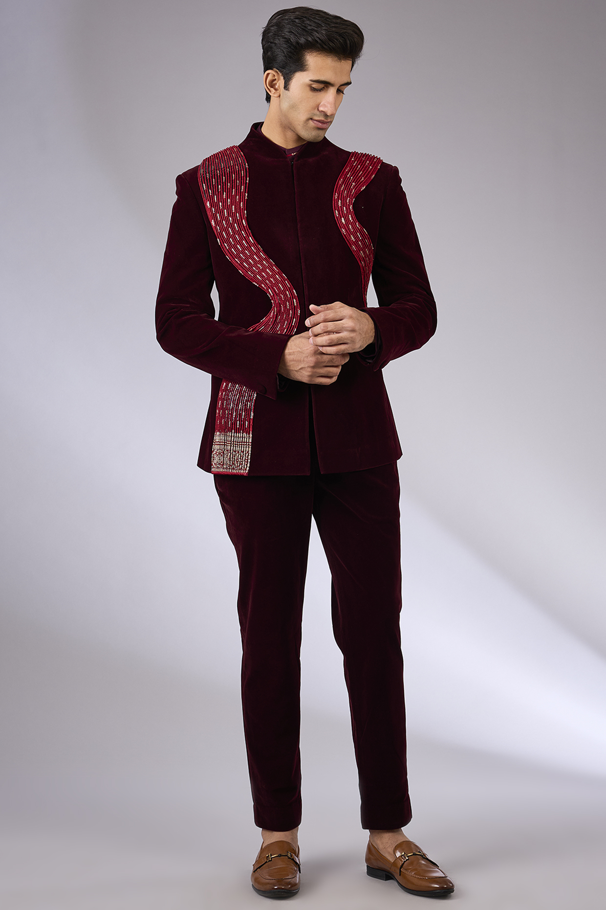 Plum Velvet Bandhgala by Amit Aggarwal Men