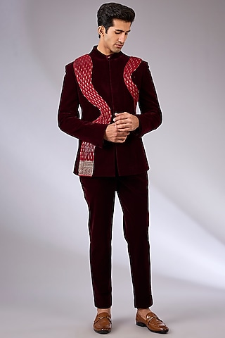 Plum Velvet Bandhgala Set by Amit Aggarwal Men
