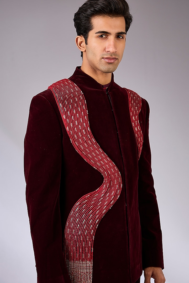 Plum Velvet Groom Bandhgala Set by Amit Aggarwal Men at Pernia's Pop Up Shop