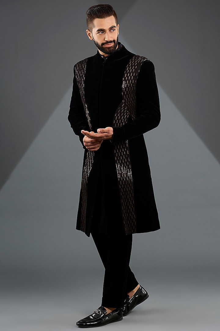 Black Velvet Corded Long Jacket Set by Amit Aggarwal Men at Pernia's Pop Up Shop