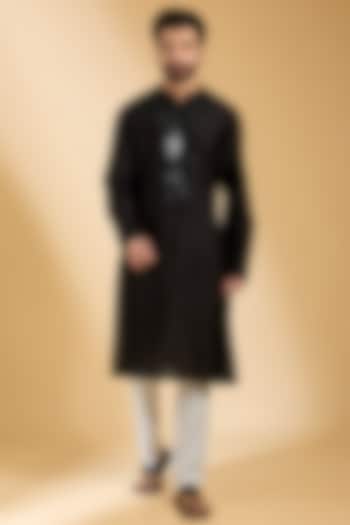 Black Silk & Chanderi Kurta by Amit Aggarwal Men