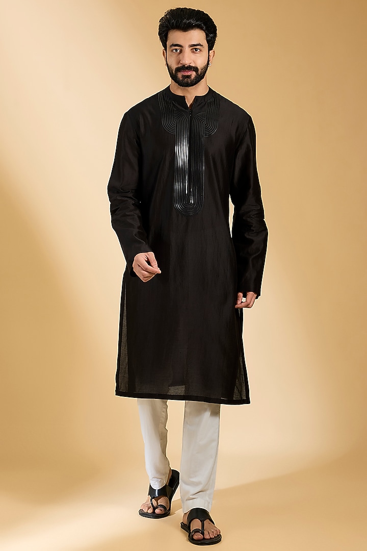 Black Silk & Chanderi Kurta by Amit Aggarwal Men