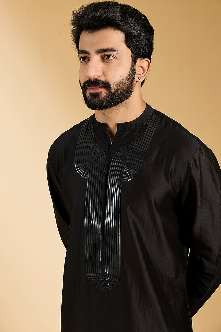Black Silk & Chanderi Kurta by Amit Aggarwal Men at Pernia's Pop Up Shop