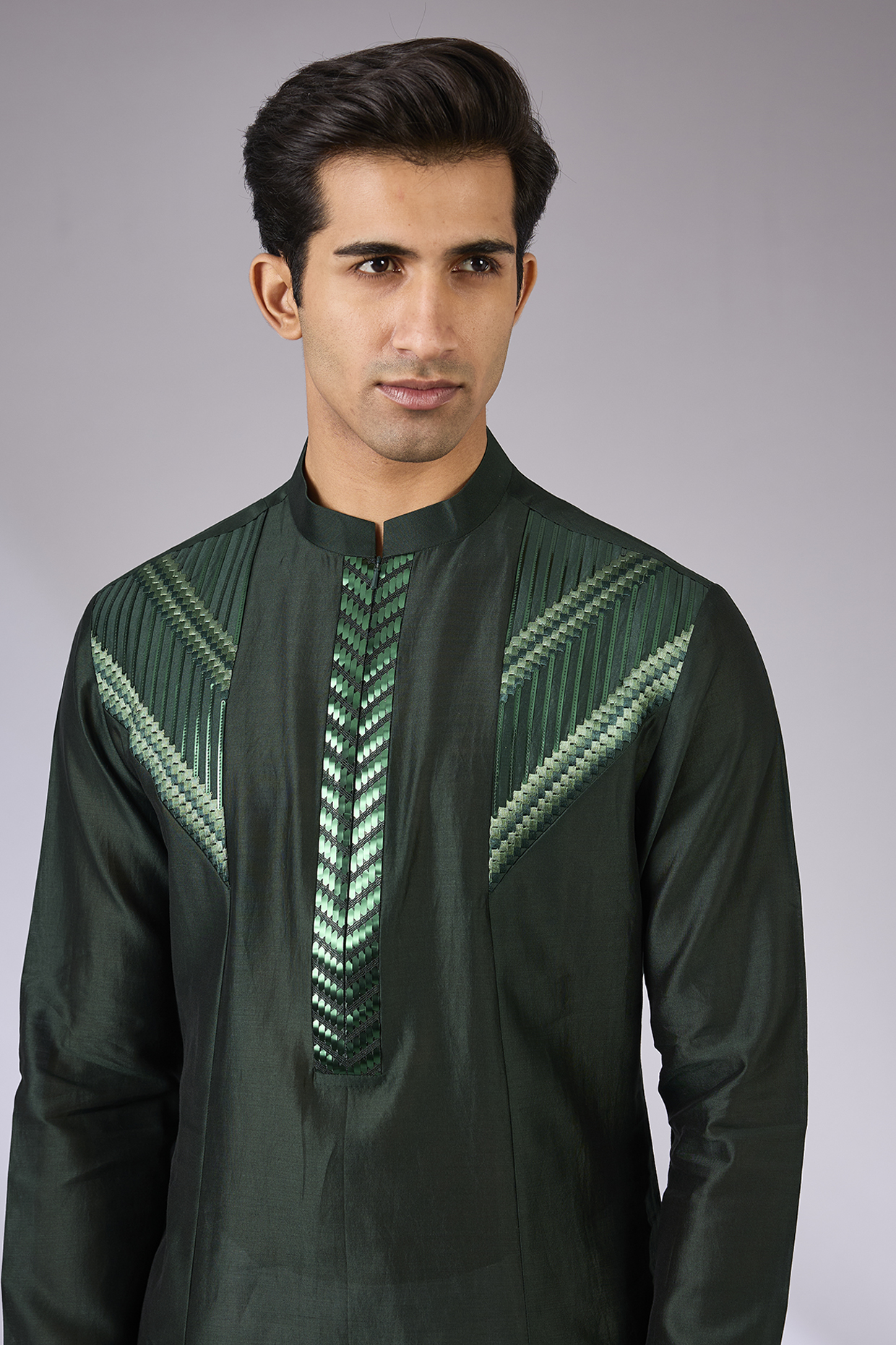 Emerald Chanderi Silk & Tussar Silk Kurta Set by Amit Aggarwal Men