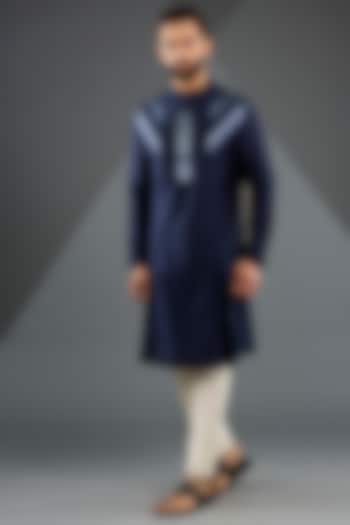 Ink Blue Chanderi Silk & Tussar Silk Cotton Embroidered Kurta by Amit Aggarwal Men at Pernia's Pop Up Shop