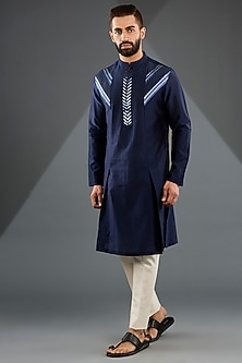 Ink Blue Chanderi Silk & Tussar Silk Cotton Embroidered Kurta by Amit Aggarwal Men-POPULAR PRODUCTS AT STORE