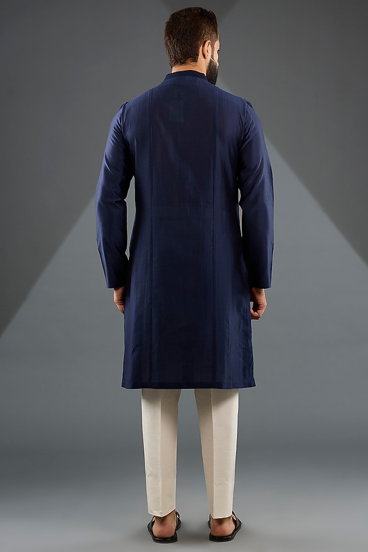 Ink Blue Chanderi Silk & Tussar Silk Cotton Embroidered Kurta by Amit Aggarwal Men at Pernia's Pop Up Shop