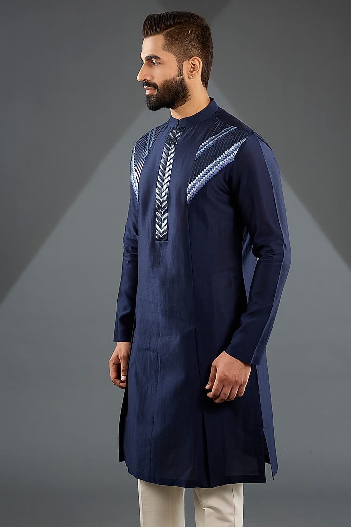 Ink Blue Chanderi Silk & Tussar Silk Cotton Embroidered Kurta by Amit Aggarwal Men at Pernia's Pop Up Shop