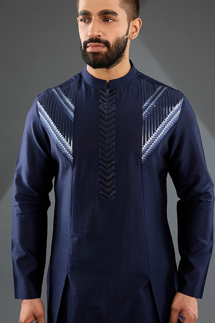 Ink Blue Chanderi Silk & Tussar Silk Cotton Embroidered Kurta by Amit Aggarwal Men at Pernia's Pop Up Shop