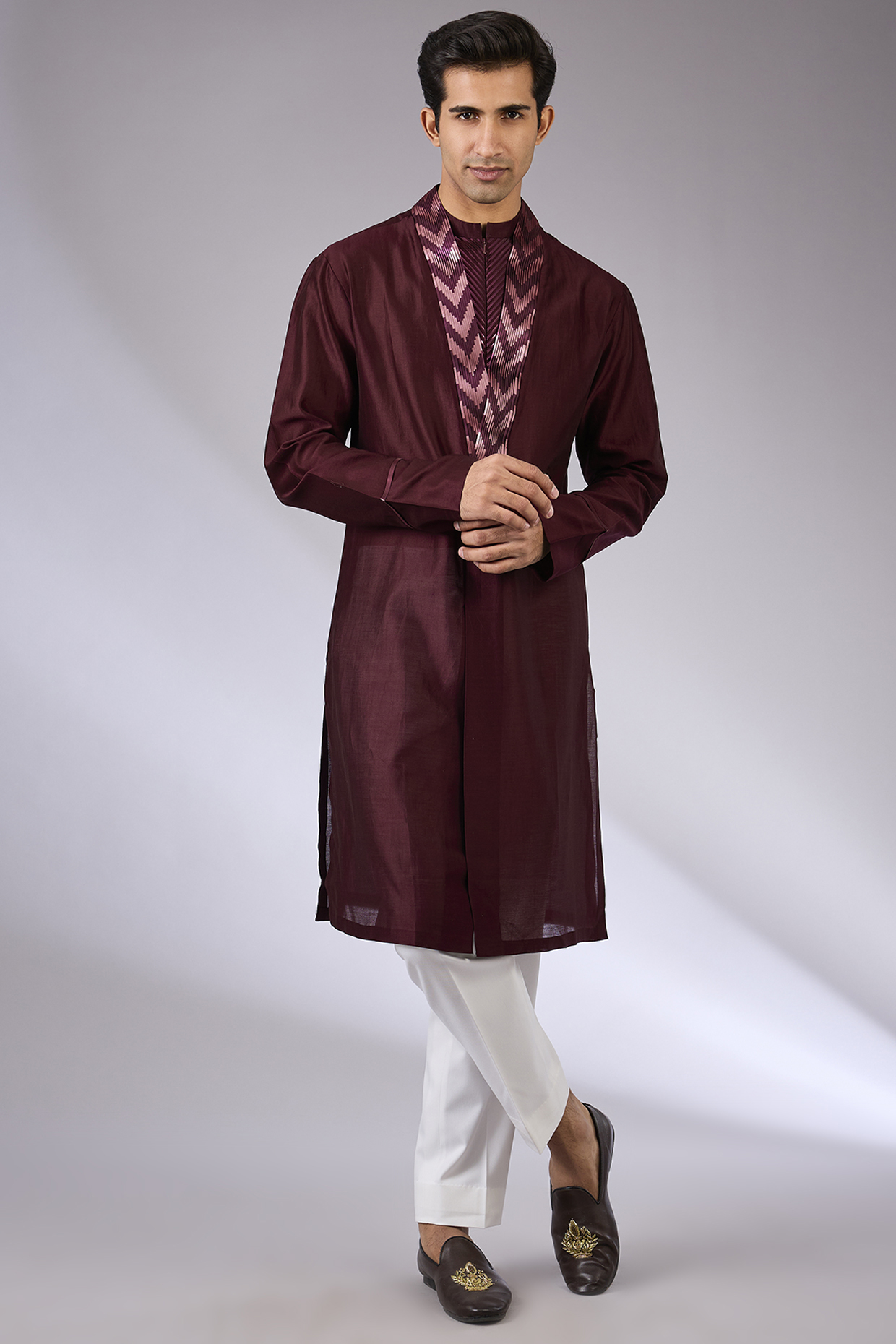 Plum Chanderi Silk & Tussar Silk Kurta Set by Amit Aggarwal Men