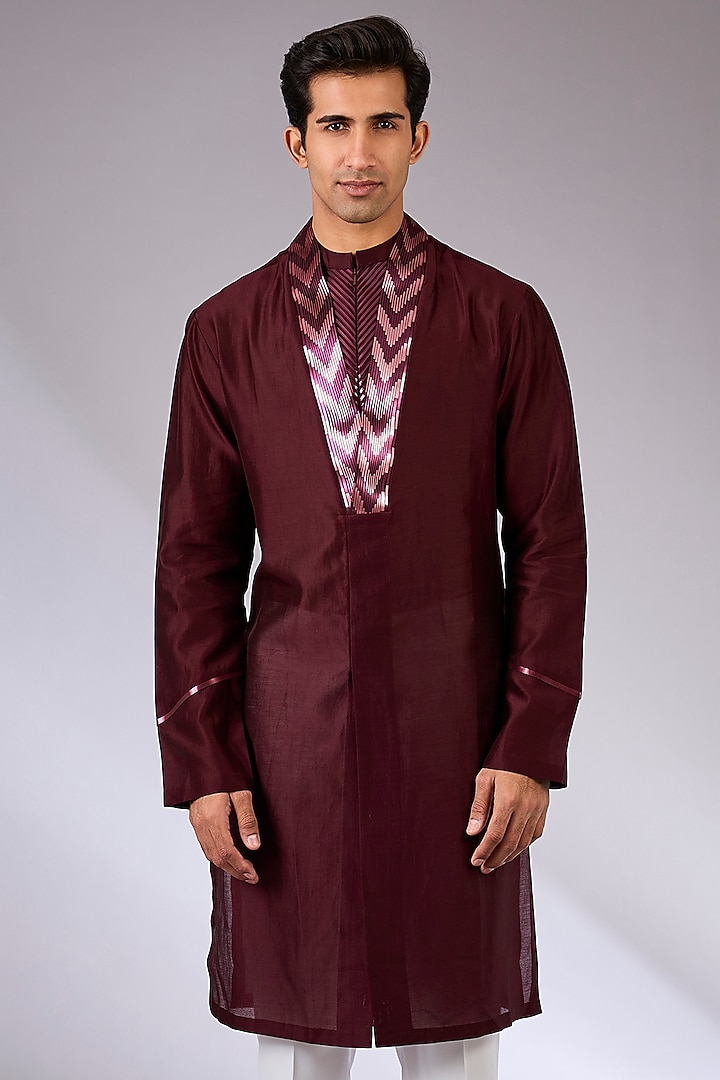 Plum Chanderi Silk & Tussar Silk Kurta Set by Amit Aggarwal Men at Pernia's Pop Up Shop