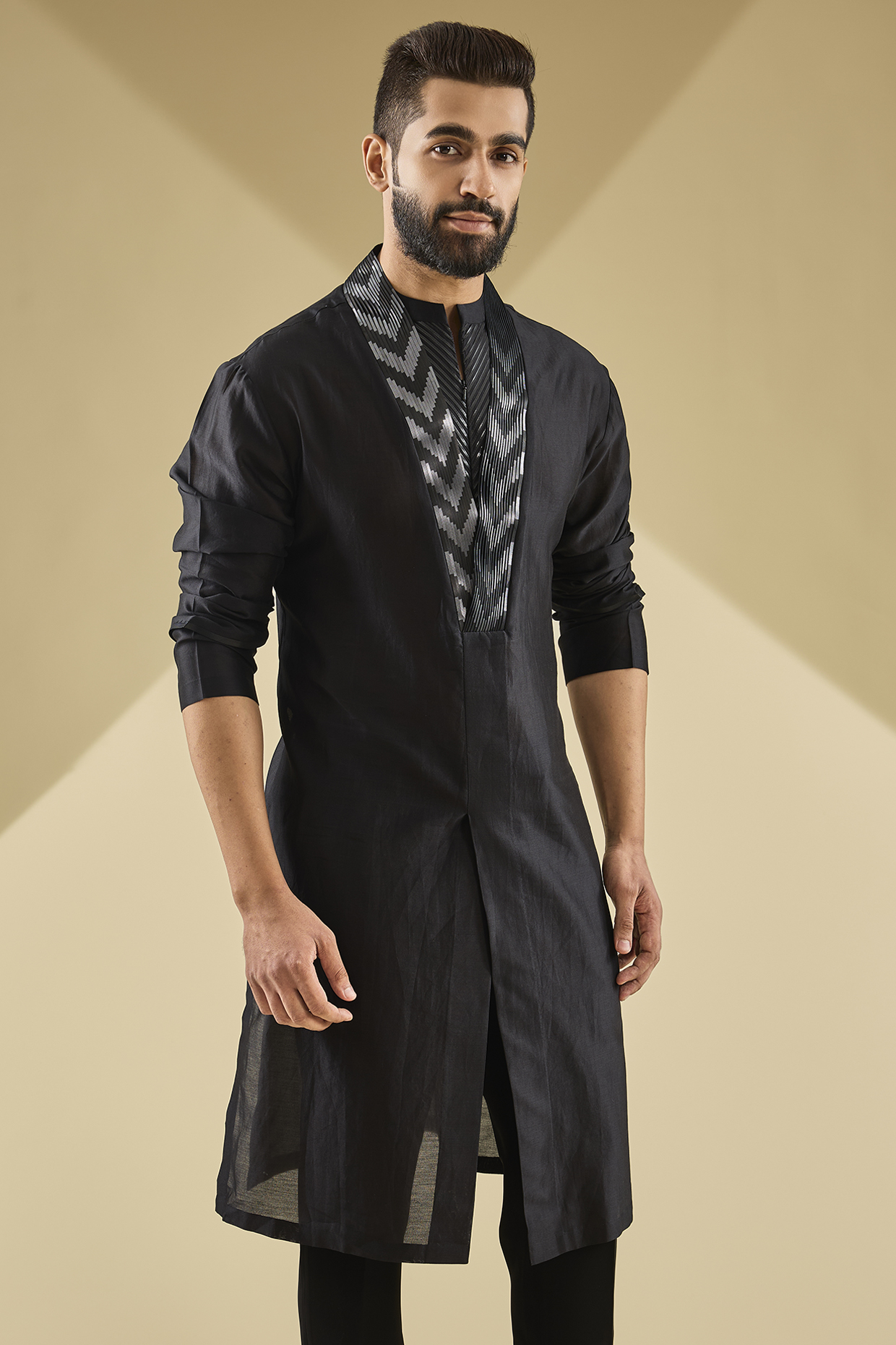 Black Chanderi Silk Kurta by Amit Aggarwal Men