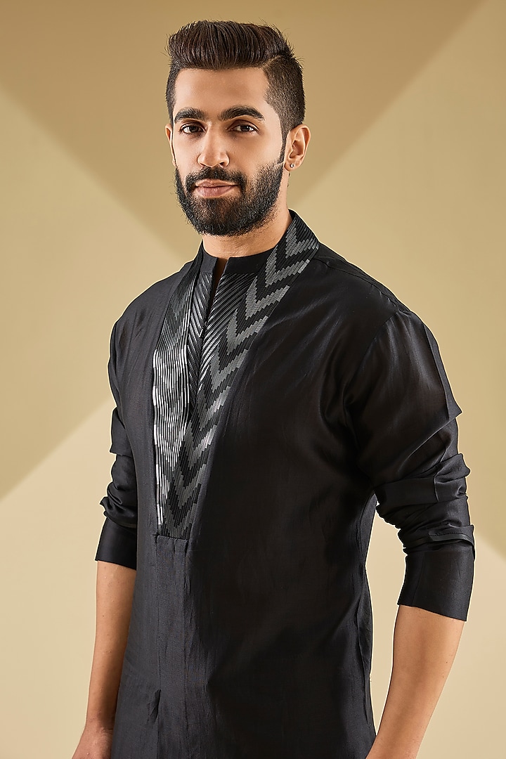 Black Chanderi Silk Kurta by Amit Aggarwal Men at Pernia's Pop Up Shop