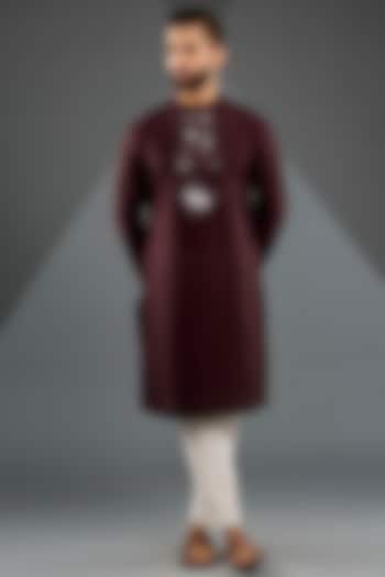 Plum Chanderi Silk & Tussar Silk Cotton Metallic Chevron Kurta Set by Amit Aggarwal Men