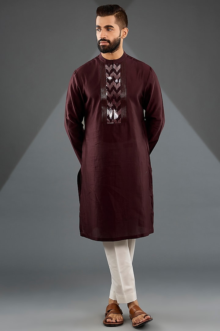 Plum Chanderi Silk & Tussar Silk Cotton Metallic Chevron Kurta Set by Amit Aggarwal Men