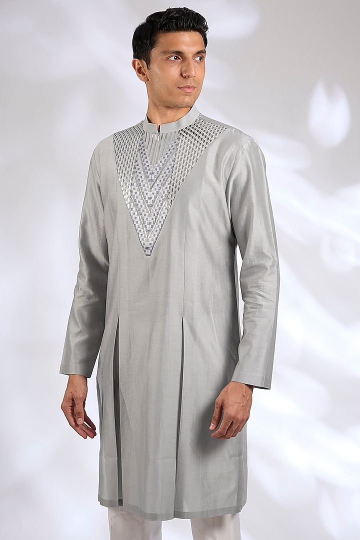 Steel-Colored Chanderi Silk & Tussar Kurta by Amit Aggarwal Men