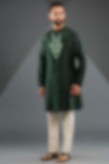 Emerald Chanderi Silk & Tussar Silk Cotton Embroidered Kurta Set by Amit Aggarwal Men at Pernia's Pop Up Shop