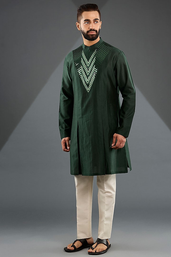 Emerald Chanderi Silk & Tussar Silk Cotton Embroidered Kurta Set by Amit Aggarwal Men at Pernia's Pop Up Shop