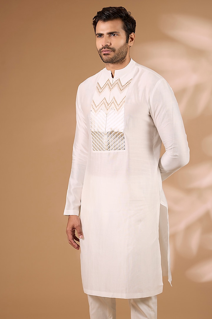 White Chanderi Silk Kurta by Amit Aggarwal Men