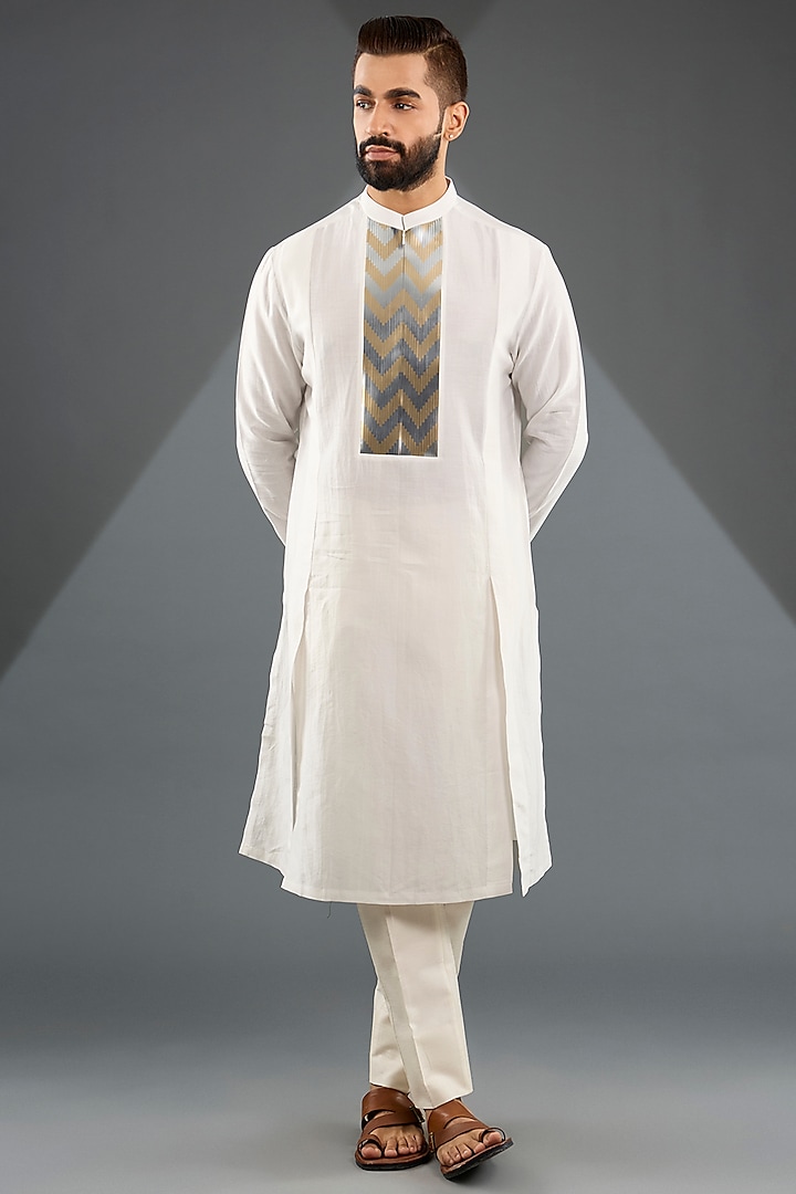 White Chanderi Silk & Tussar Silk Cotton Metallic Chevron Kurta Set by Amit Aggarwal Men